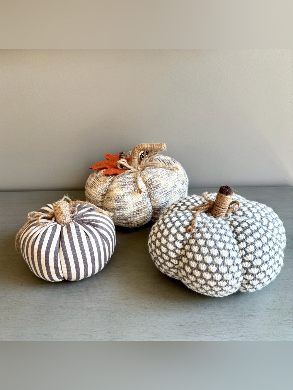 Neutral Fall Halloween Thanksgiving Striped & Knit Pumpkins Decor -Set of 3